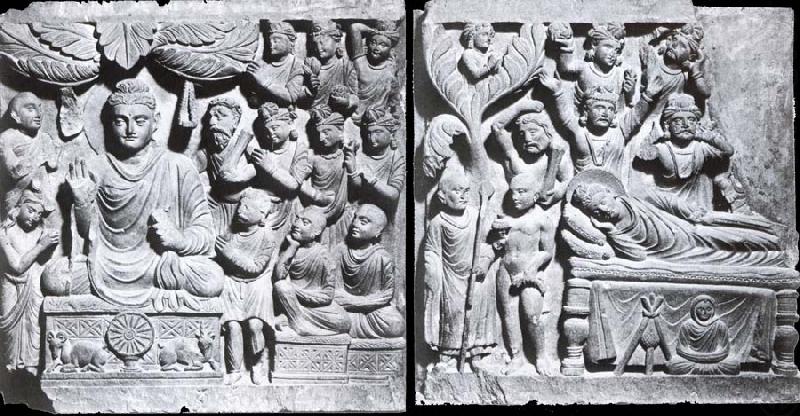 Relief from Gandhara with the-first preaching in first preaching in the deer camp-and the death of Buddha, Kushana., unknow artist